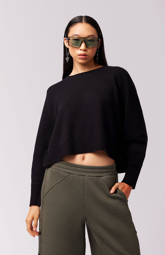 Amara Cashmere Long Sleeve Crop Top - Black