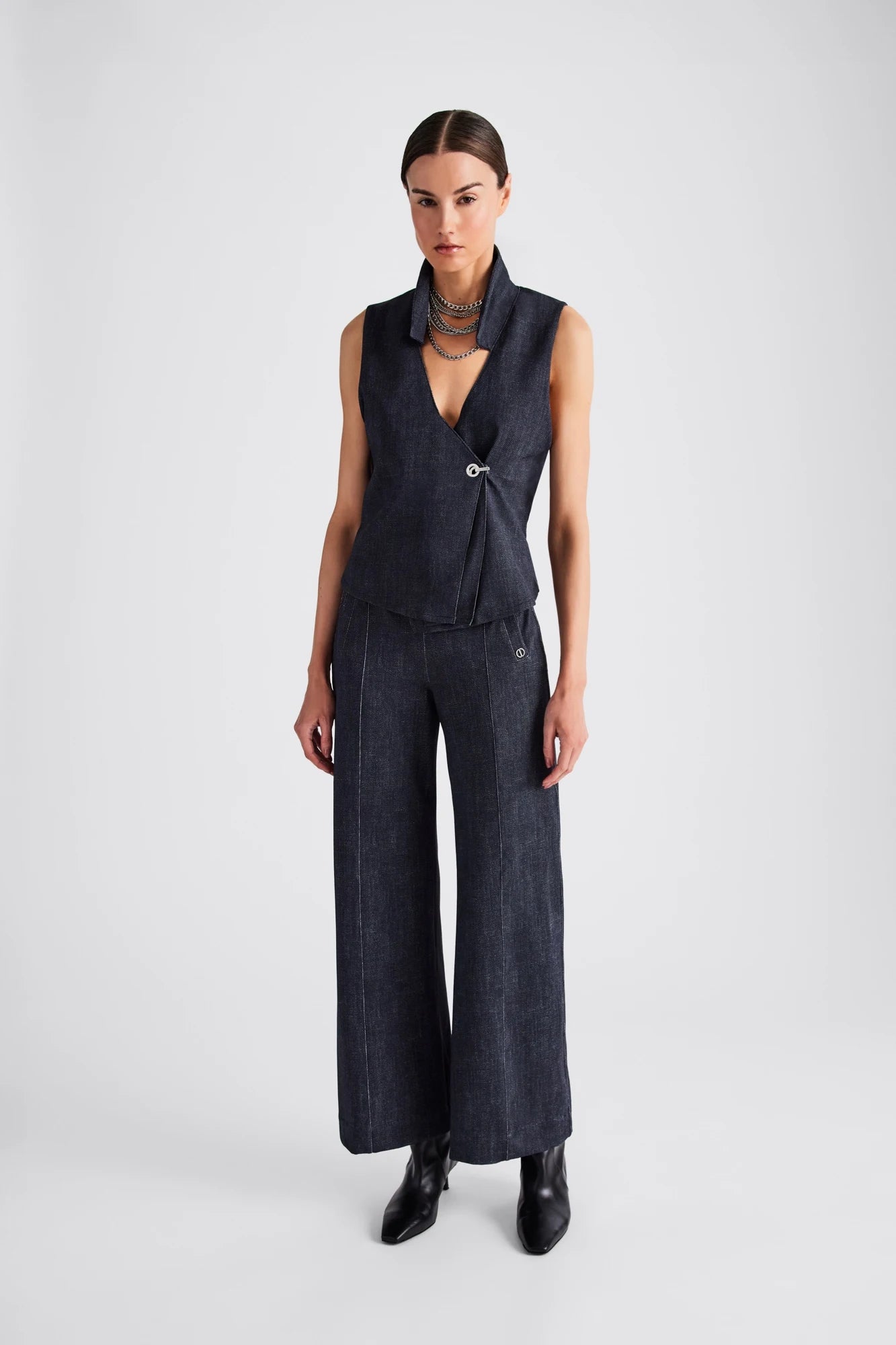 Delara Faux Denim Contrast Vest - Denim
